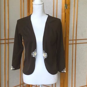 ANN TAYLOR Chocolate Brown Open-Front 3/4 Sleeve Embroidered Cardigan Sweater
